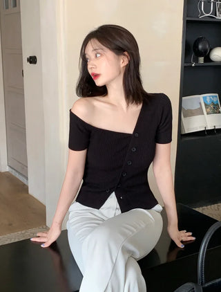 One-shoulder ribbed short-sleeved knit T-shirt (2 colors)