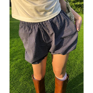 Checked pumpkin elastic waist shorts