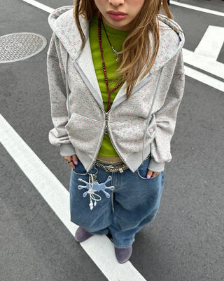 Mini Flower Double Zip Sweatshirt Hoodie