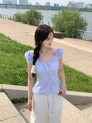 Striped Border Shirred Blouse