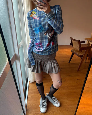 Unique Print Tartan Check Long T-Shirt