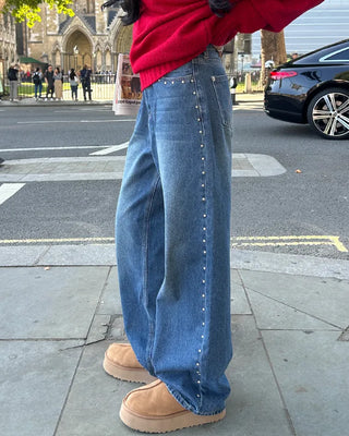 Outseam studded wide denim pants