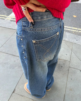 Outseam studded wide denim pants