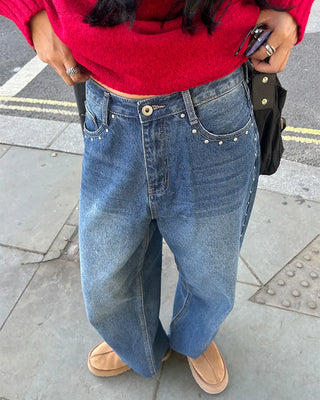 Outseam studded wide denim pants