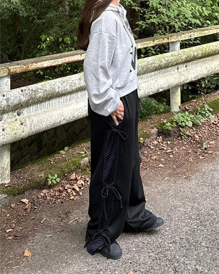 Dot Bicolor Ribbon Elastic Waist Pants