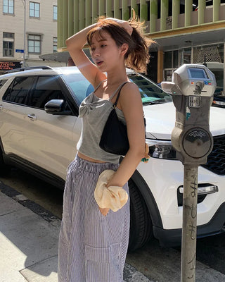 Long drawstring striped cargo pants