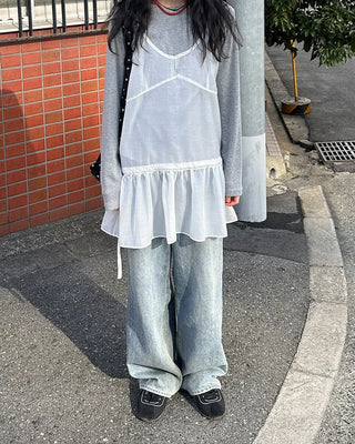 See-through camisole shirred dress