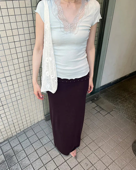 Lace Rib Slim Short Sleeve T-Shirt