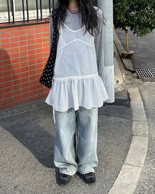 See-through camisole shirred dress