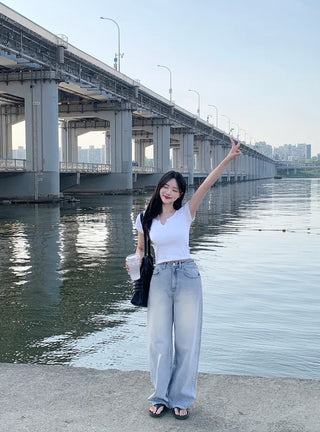 Washed denim wide-leg pants (3 colors)