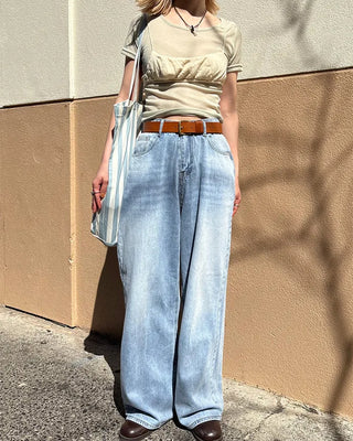 Washed design wide denim pants