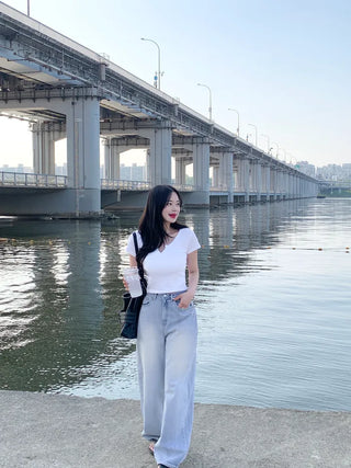 Ribbed neck slit short-sleeved T-shirt (3 colors)