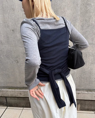 Waist tie camisole layered long-sleeve T-shirt