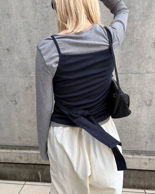 Waist tie camisole layered long-sleeve T-shirt