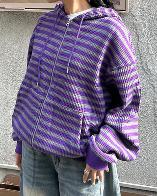 (Unisex) Striped Double Zip Waffle Knit Kangaroo Hoodie