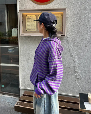 (Unisex) Striped Double Zip Waffle Knit Kangaroo Hoodie