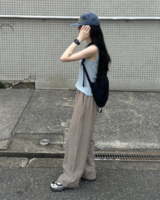 Color striped elastic waist pants