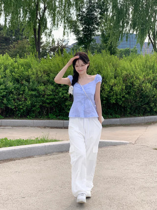 Striped Border Shirred Blouse
