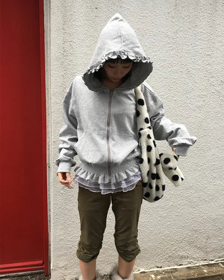Shirred ruffle hem zip hoodie