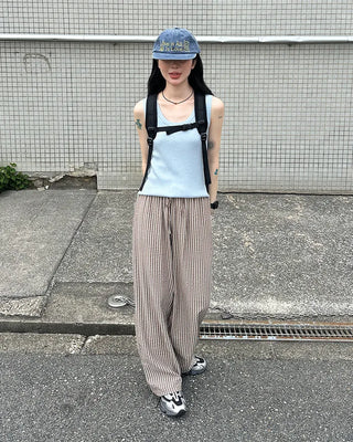 Color striped elastic waist pants