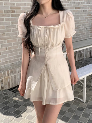 [2pcs] Ribbon Chiffon Blouse and Skirt Set