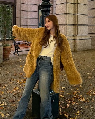 Fur V-neck cardigan