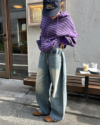 (Unisex) Tucked Wide Side Seam Washed Denim Pants