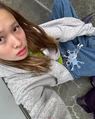 Mini Flower Double Zip Sweatshirt Hoodie