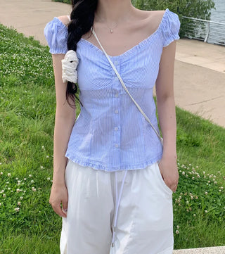 Striped Border Shirred Blouse