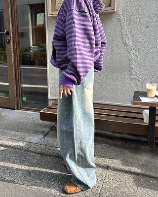 (Unisex) Tucked Wide Side Seam Washed Denim Pants