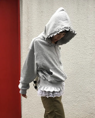Shirred ruffle hem zip hoodie