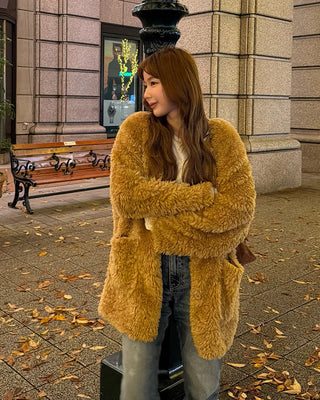 Fur V-neck cardigan