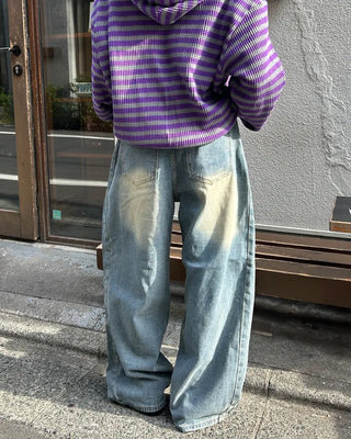 (Unisex) Tucked Wide Side Seam Washed Denim Pants