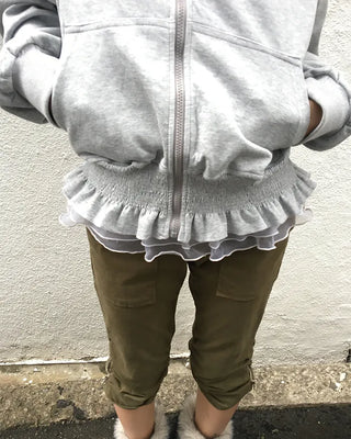 Shirred ruffle hem zip hoodie