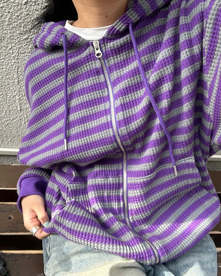 (Unisex) Striped Double Zip Waffle Knit Kangaroo Hoodie