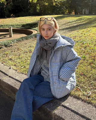 Gingham check hooded faux down jacket
