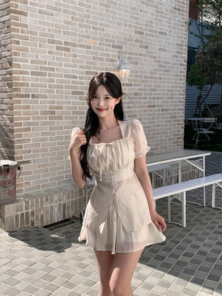 [2pcs] Ribbon Chiffon Blouse and Skirt Set