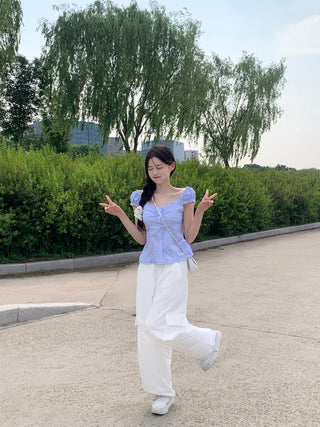Striped Border Shirred Blouse