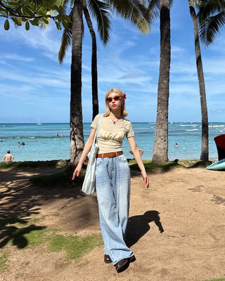 Washed design wide denim pants