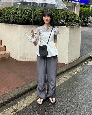 (Unisex) Nylon Wide-Leg Pants with Elastic Waistband