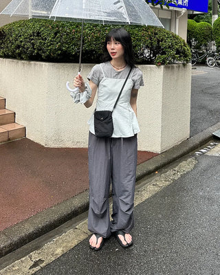 (Unisex) Nylon Wide-Leg Pants with Elastic Waistband