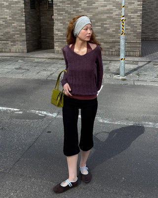 V-neck sheer ribbed knit