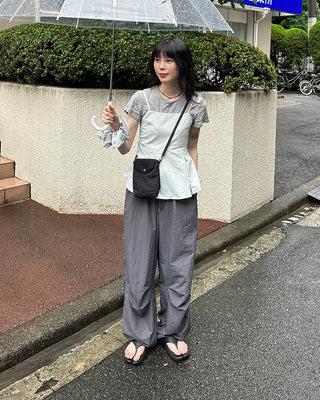 (Unisex) Nylon Wide-Leg Pants with Elastic Waistband