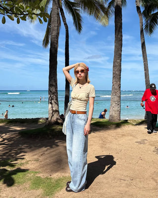 Washed design wide denim pants