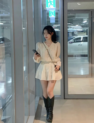 [2pcs] Shirred Blouse and Skirt Set