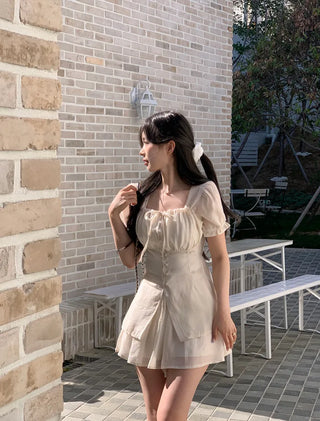 [2pcs] Ribbon Chiffon Blouse and Skirt Set