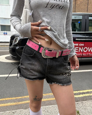 Shoelace Studded Cut-Off Short Denim Pants