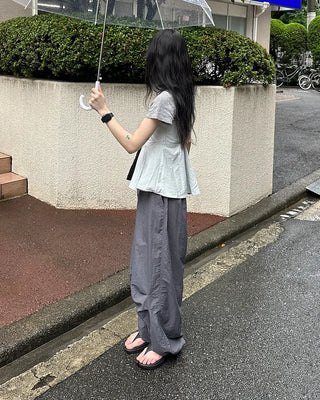 (Unisex) Nylon Wide-Leg Pants with Elastic Waistband