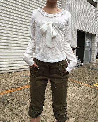 Frill Jewel Neck Ribbon Bust Long T-Shirt