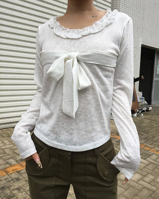 Frill Jewel Neck Ribbon Bust Long T-Shirt